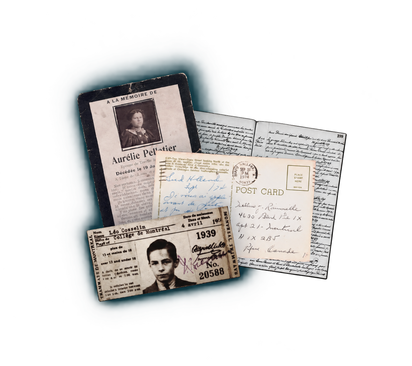 Documents historiques utilisés pour la recherche généalogique au Québec : registres, actes, avis de décès et cartes postales