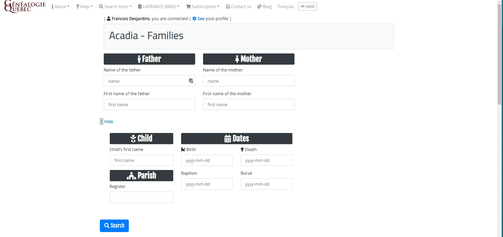 Acadian family search form with filters for parents, child, dates and parish