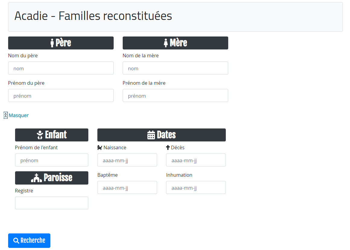 Engin de recherche de l’outil Acadie- Familles reconstituées