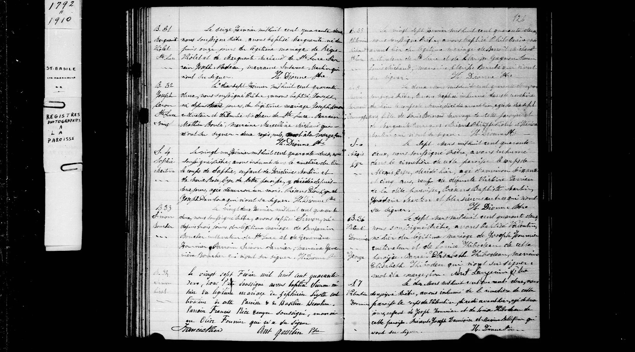 Digitized pages from a historical register used to reconstruct Acadian families