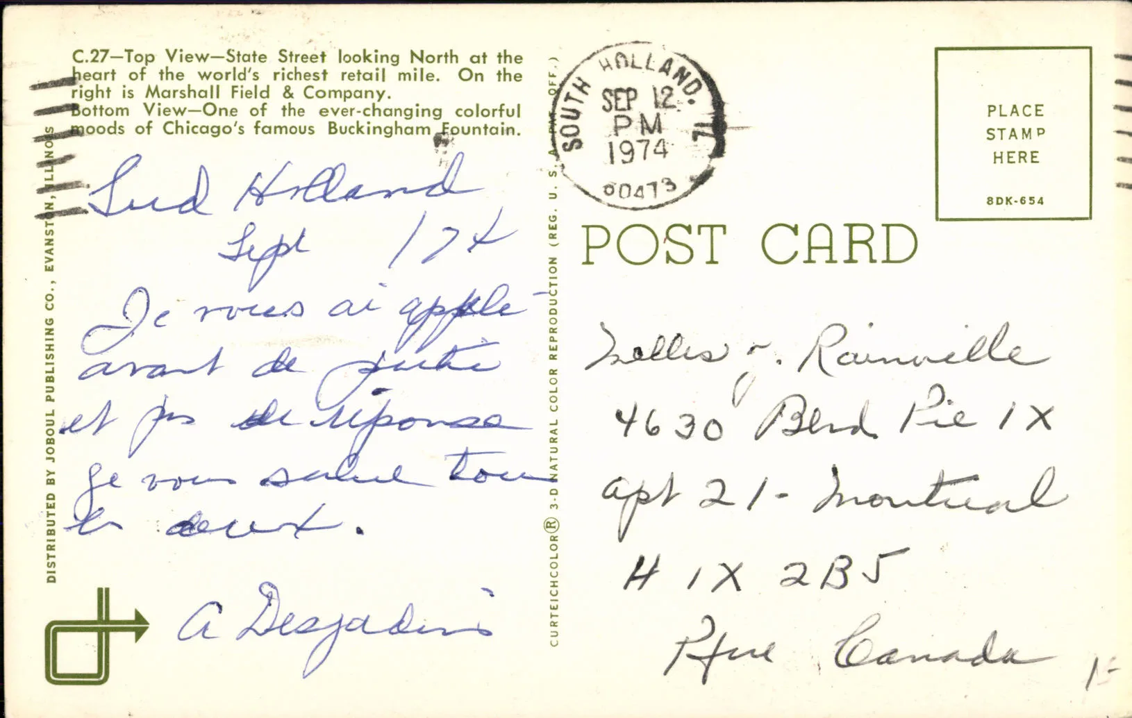 Recto et verso d'une carte postale ancienne montrant un message manuscrit et son adresse