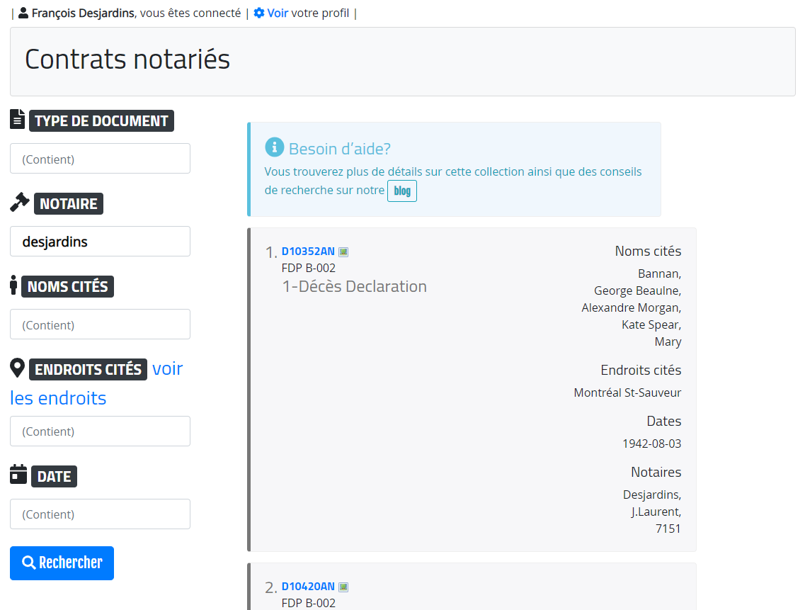 Engin de recherche de l’outil Contrats Notariés