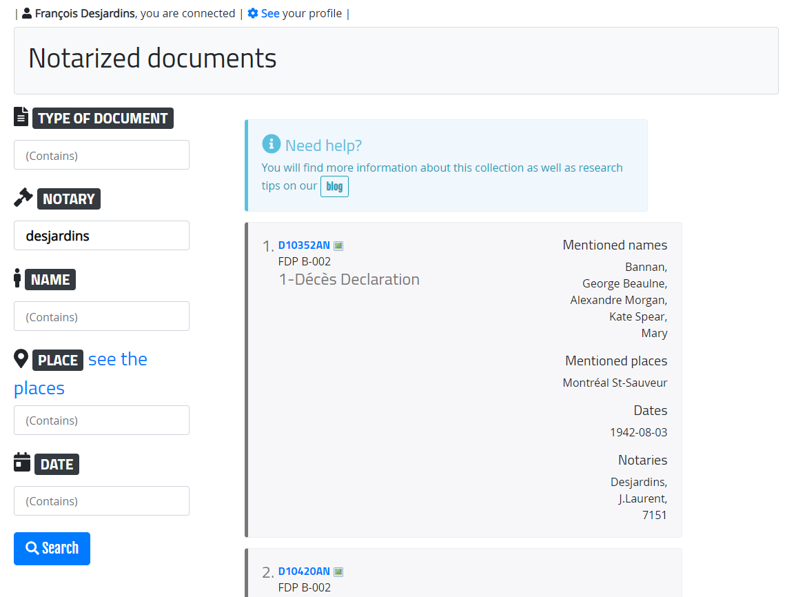 Notarized document search engine