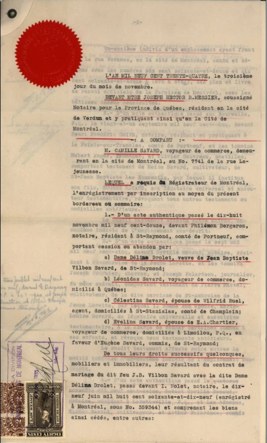 Document notarié ancien du Québec avec sceau, timbres et texte de l’acte original