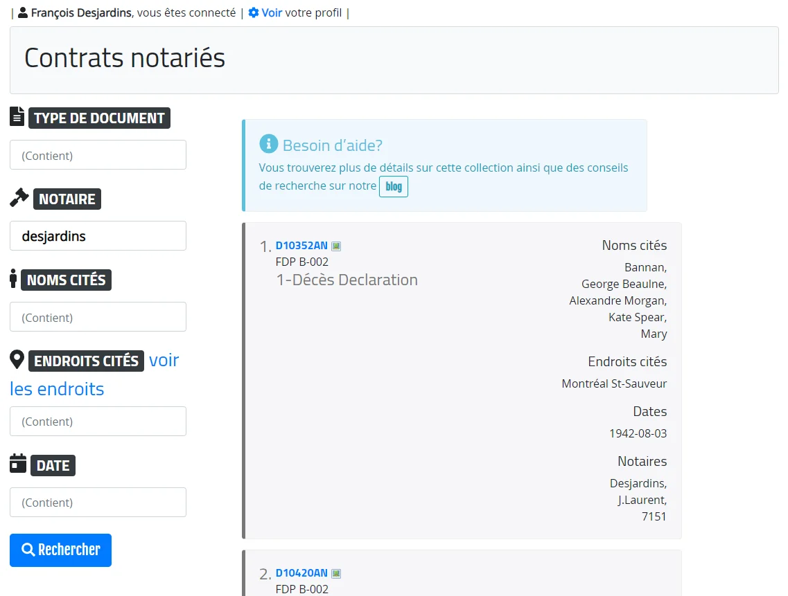 Moteur de recherche des contrats notariés avec filtres par document, notaire, nom, lieu et date