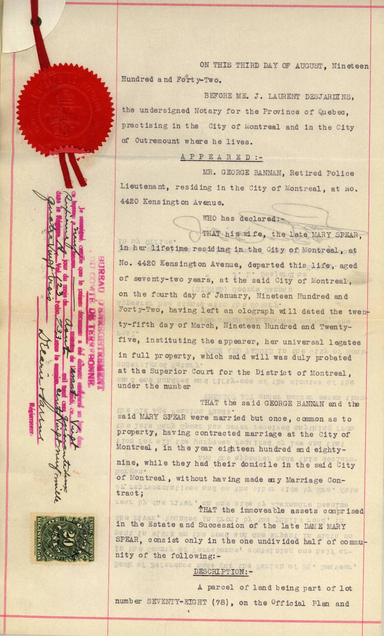 Historical Quebec notarized document with seal, stamps and original record text
