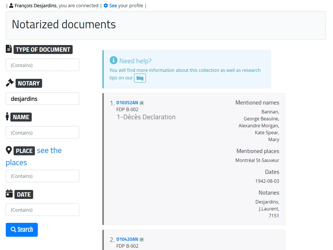 Notarized documents search engine with filters for record type, notary, name, place and date