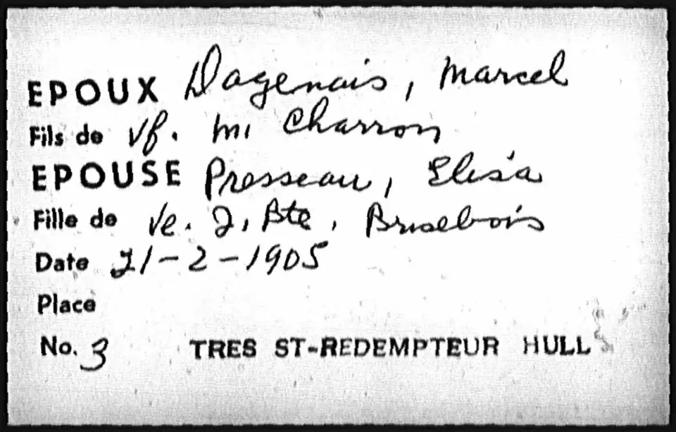 Handwritten Fabien collection card for a marriage celebrated in Hull in 1905