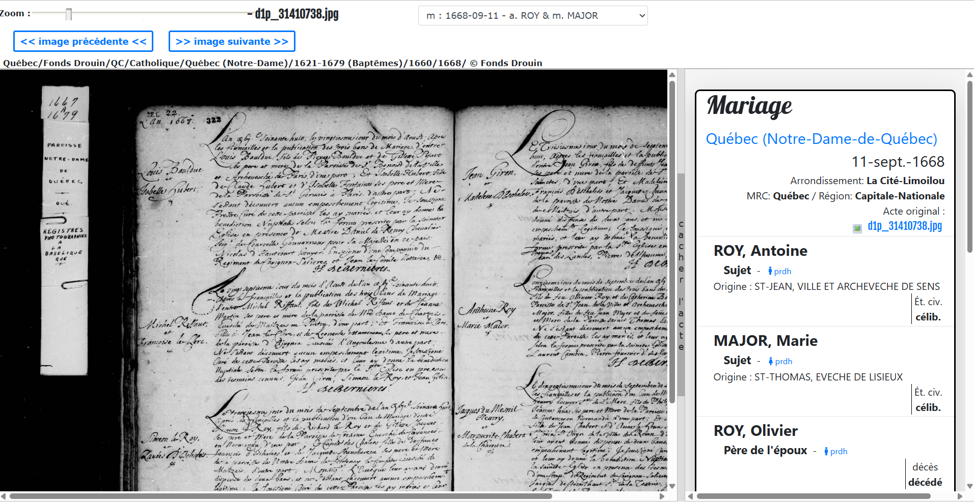 Fiche indexée et acte original dans le LAFRANCE BMS