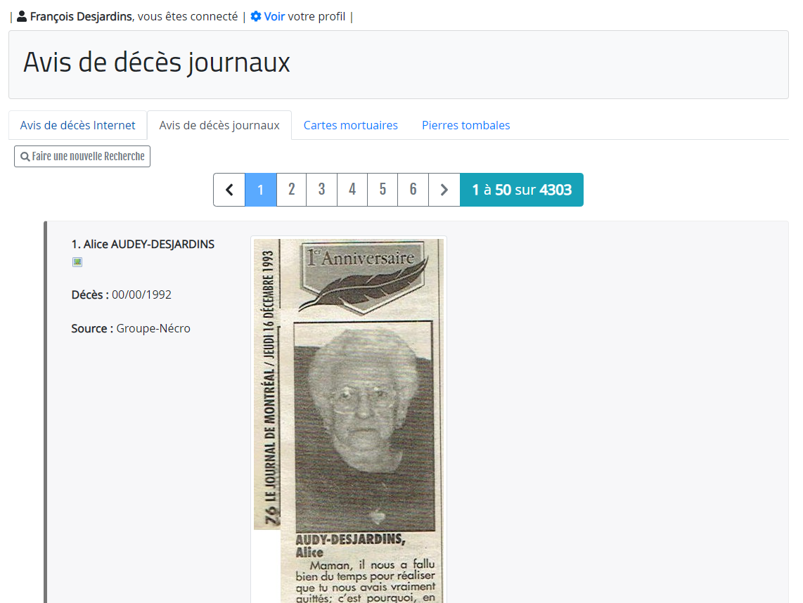 Résultat d’une recherche dans les avis de décès journaux