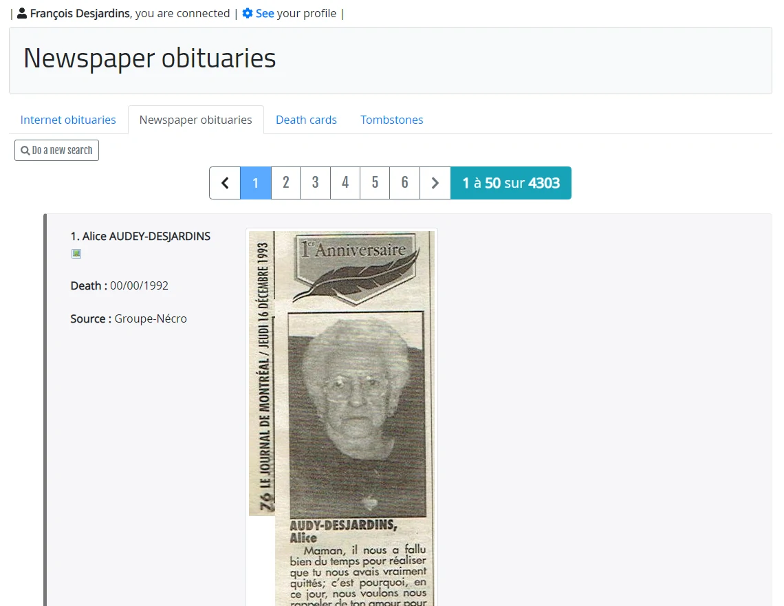 Search results in the Obituaries and Headstones collection
