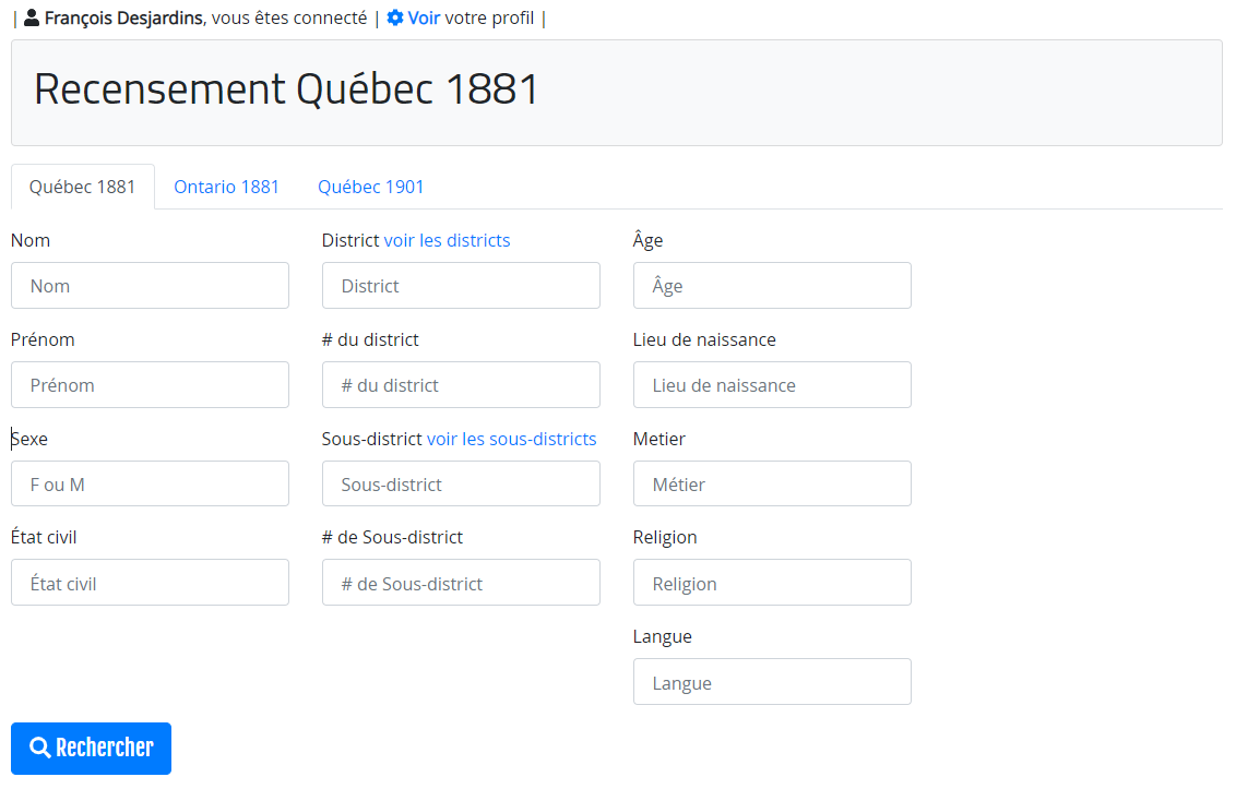Engin de recherche de l’outil Recensements
