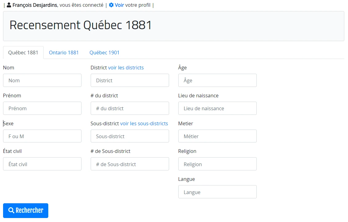 Moteur de recherche des recensements du Québec et de l'Ontario