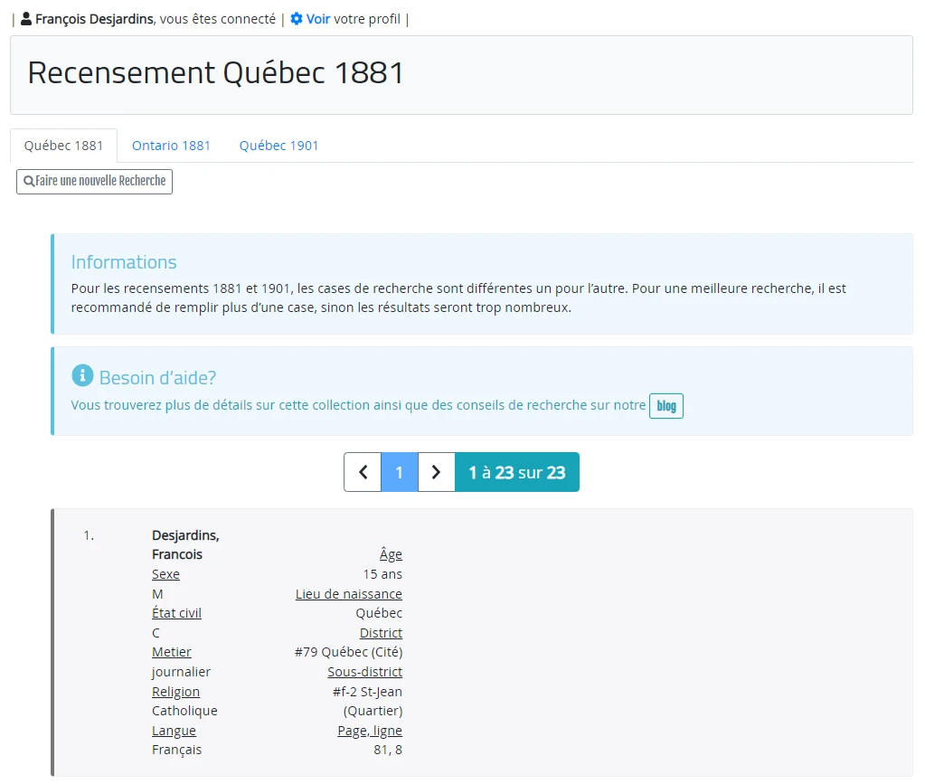 Résultats d'une recherche dans les recensements du Québec et de l'Ontario