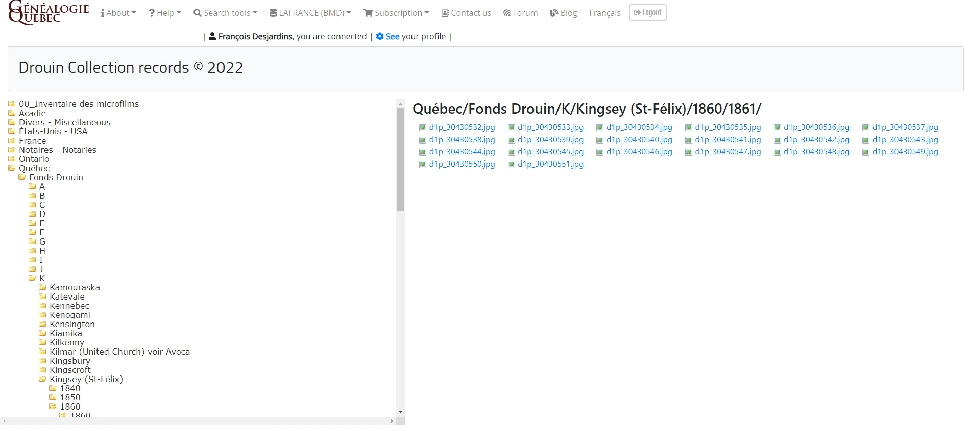 Browsing Quebec parish records in the Drouin Collection by location, parish and year