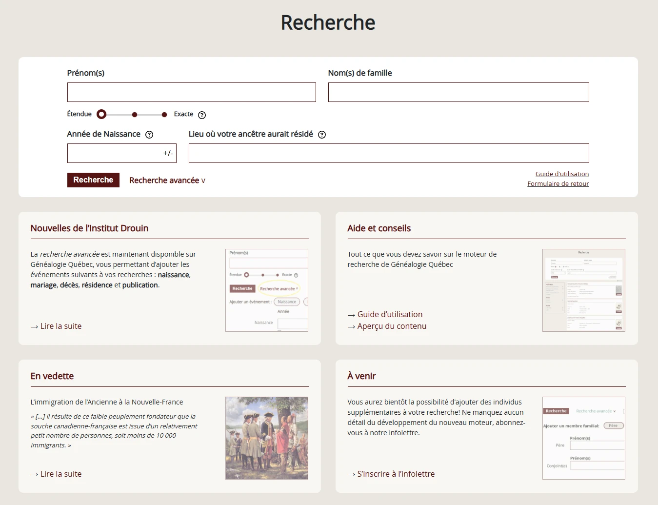 Interface de recherche généalogique de Généalogie Québec