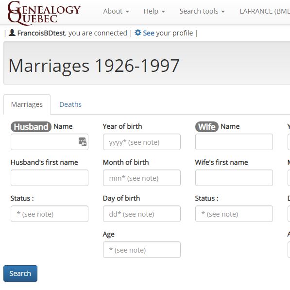 Marriages and deaths 1926-1997 search engine