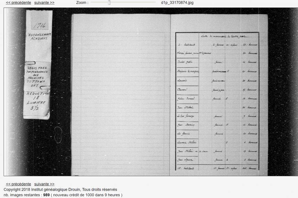 recensement de l'Acadie utilisé pour la généalogie acadienne