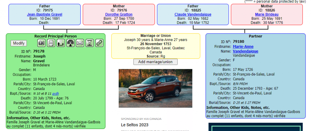 Family File from NosOrigines containing Quebec Marriages