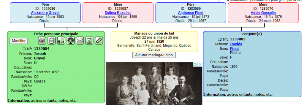 Fiche de famille contenant des baptêmes du Québec provenant de NosOrigines